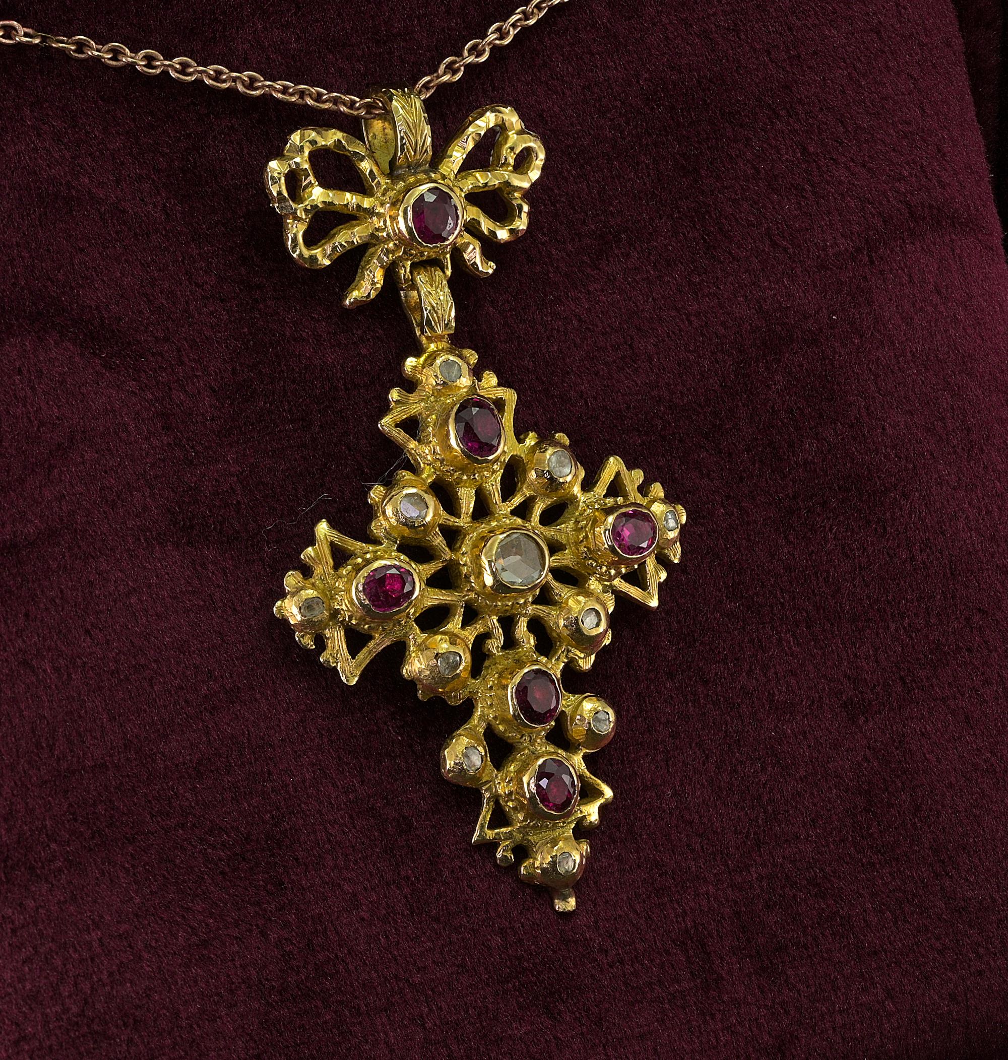 Georgian Ruby Diamond 22 Kt Diamond Cross  Pendant 1770 ca In Good Condition For Sale In Napoli, IT