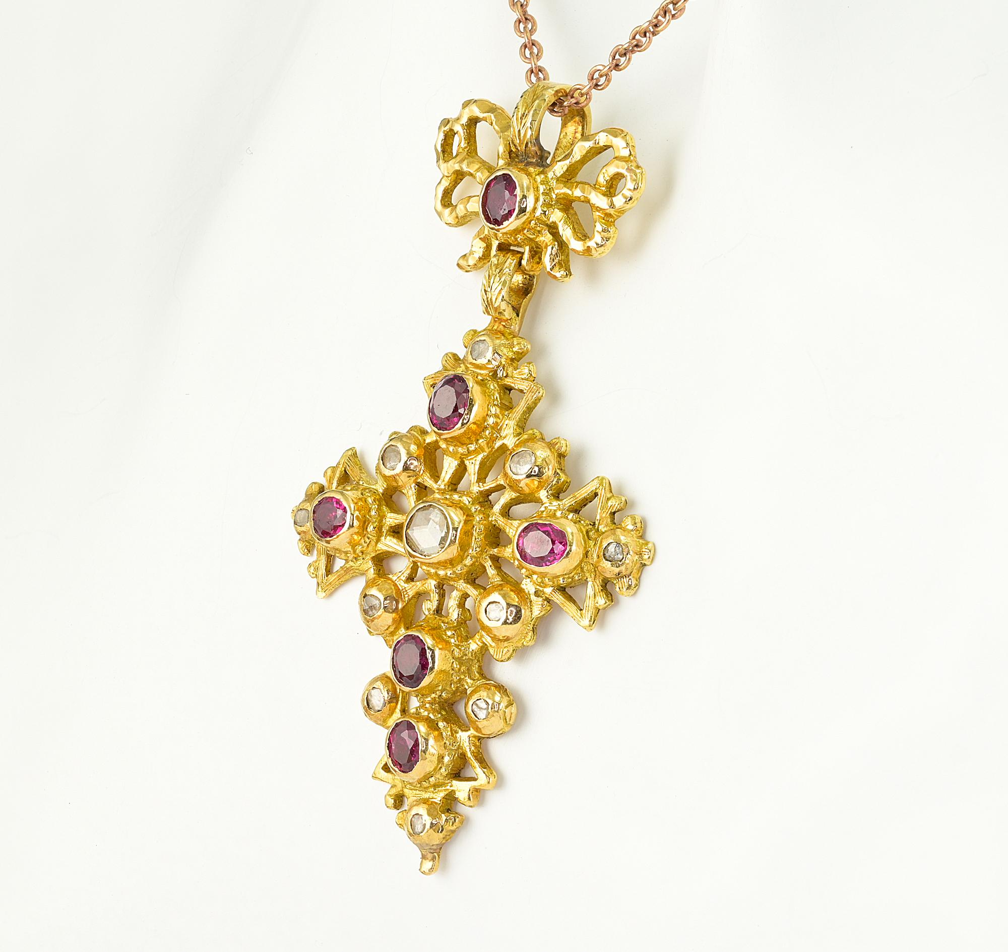 Women's or Men's Georgian Ruby Diamond 22 Kt Diamond Cross  Pendant 1770 ca For Sale