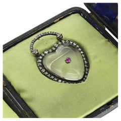 Georgian Ruby Diamond and Rock Crystal Heart Pendant Brooch