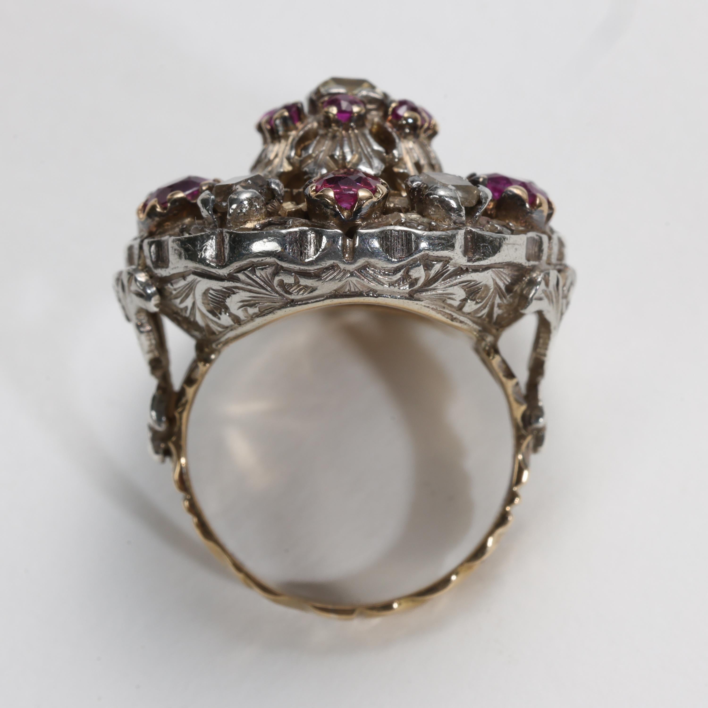Georgian Ruby & Diamond Cocktail Ring Dazzling & Rare For Sale 2