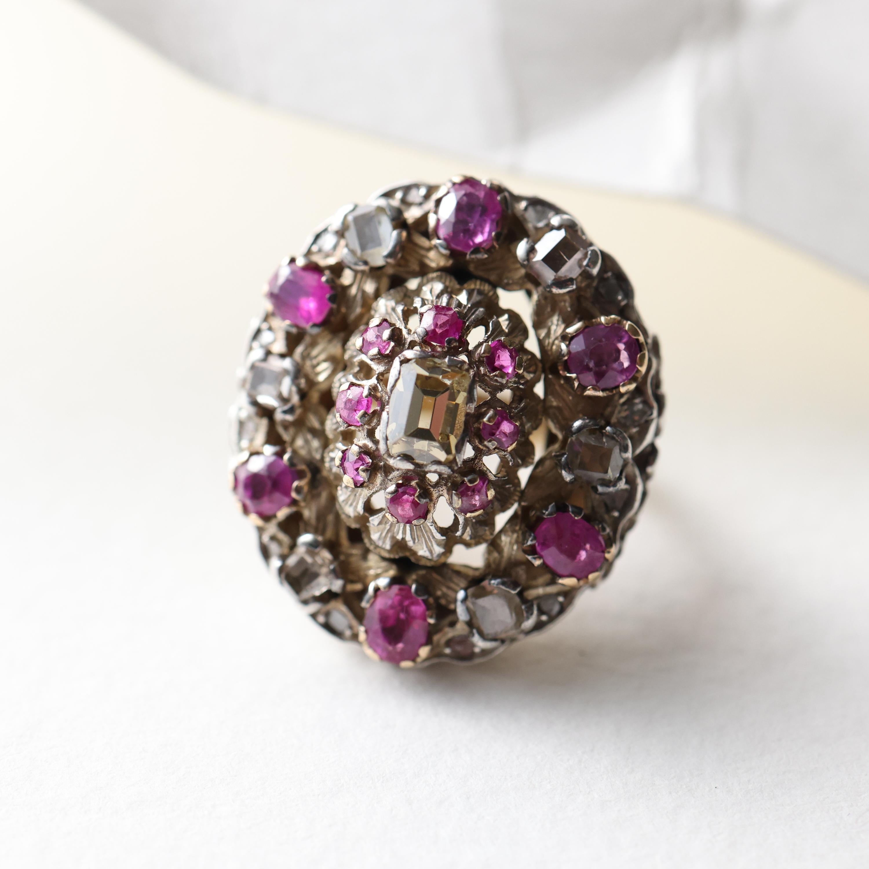 Georgian Ruby & Diamond Cocktail Ring Dazzling & Rare  In Excellent Condition For Sale In Southbury, CT