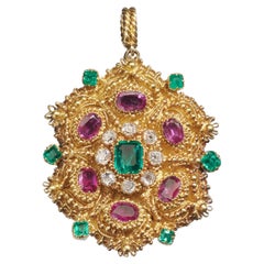 Antique Georgian Ruby Emerald Diamond and Gold Cannetille Brooch-Cum-Pendant, Circa 1830
