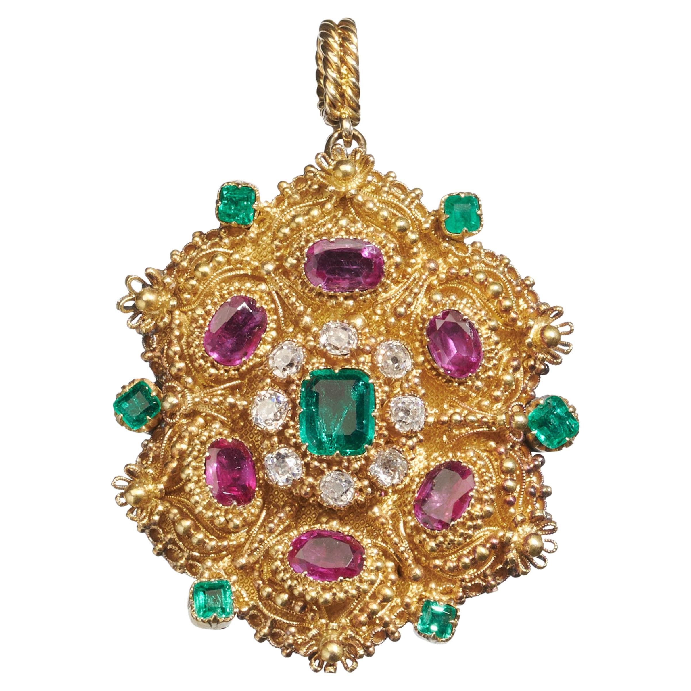 Georgian Ruby Emerald Diamond and Gold Cannetille Brooch-Cum-Pendant, Circa 1830 For Sale