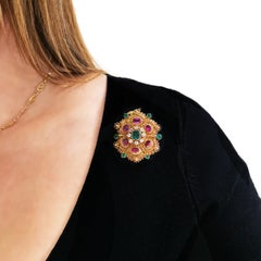 Georgian Ruby, Emerald, Diamond and Gold Cannetille Brooch-Pendant, Circa 1830