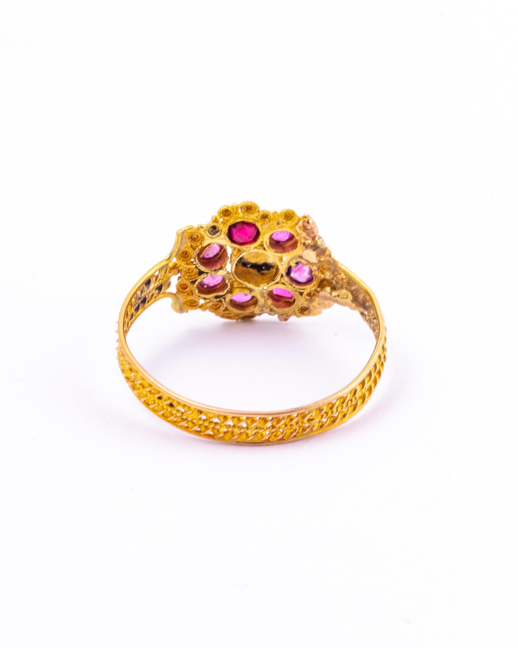 Rose Cut Georgian Ruby, Pearl and 15 Carat Gold Cluster Ring