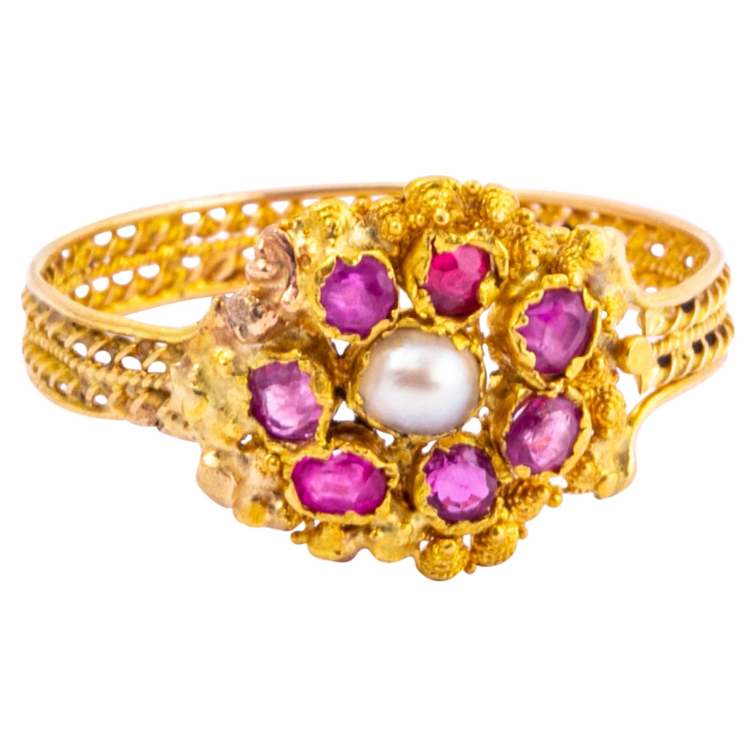 Georgian Ruby, Pearl and 15 Carat Gold Cluster Ring