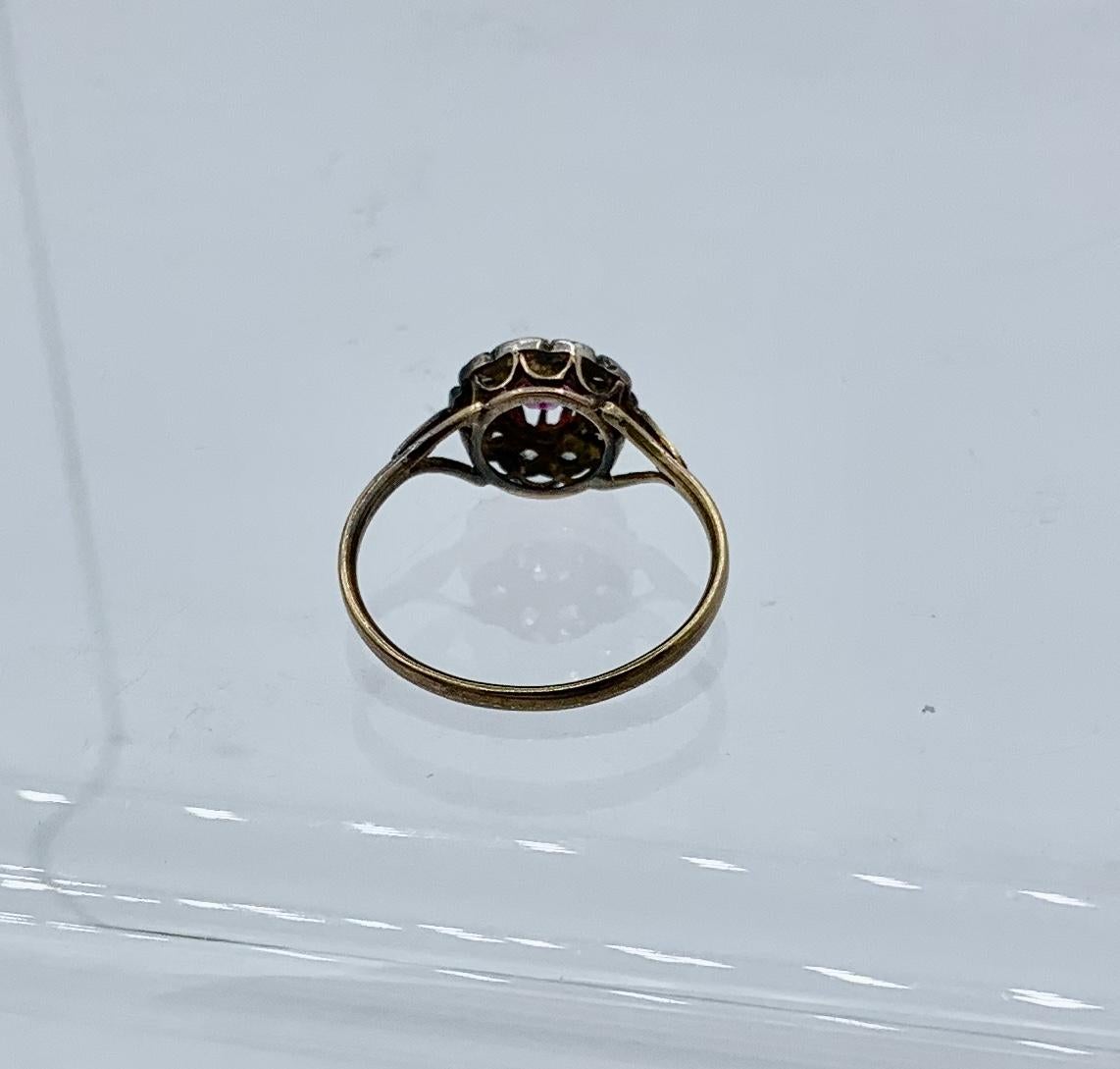 Georgian Ruby Ring Rose Cut Diamond Halo 18 Karat Gold Antique Engagement Ring For Sale 3
