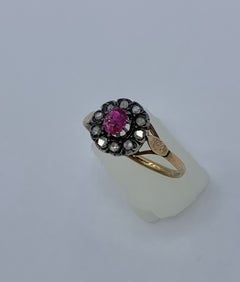 Georgian Ruby Ring Rose Cut Diamond Halo 18 Karat Gold Antique Engagement Ring