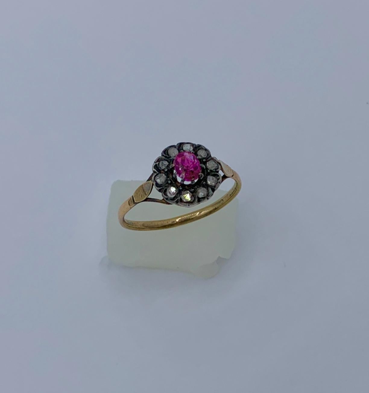 Victorian Georgian Ruby Ring Rose Cut Diamond Halo 18 Karat Gold Antique Engagement Ring For Sale