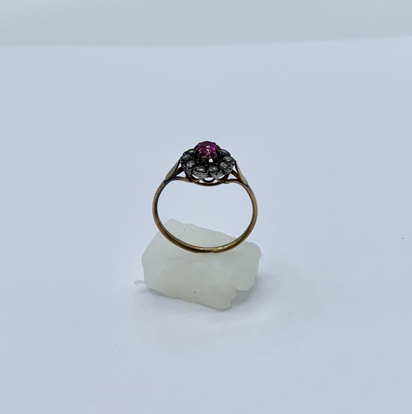Women's Georgian Ruby Ring Rose Cut Diamond Halo 18 Karat Gold Antique Engagement Ring For Sale