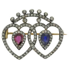 Victorian Ruby Sapphire and Diamond Love Heart Brooch