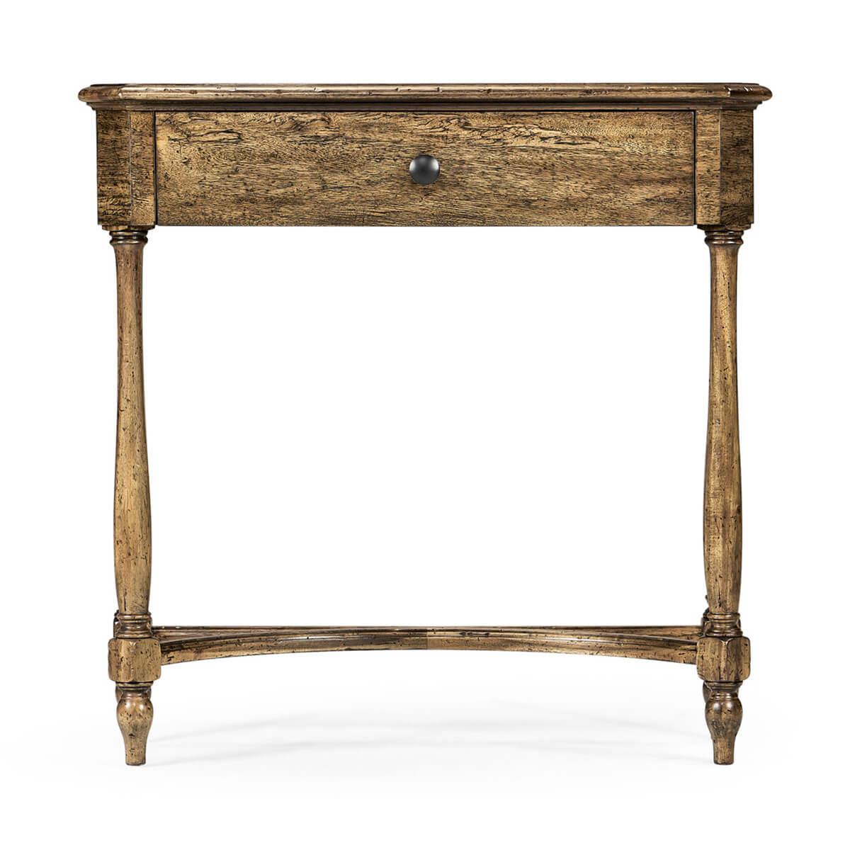 Georgian style rustic driftwood console table with oak secondary woods, canted corners and a molded edge top, a long single frieze drawer and raised on turned legs with a stretcher base.

Dimensions: 31