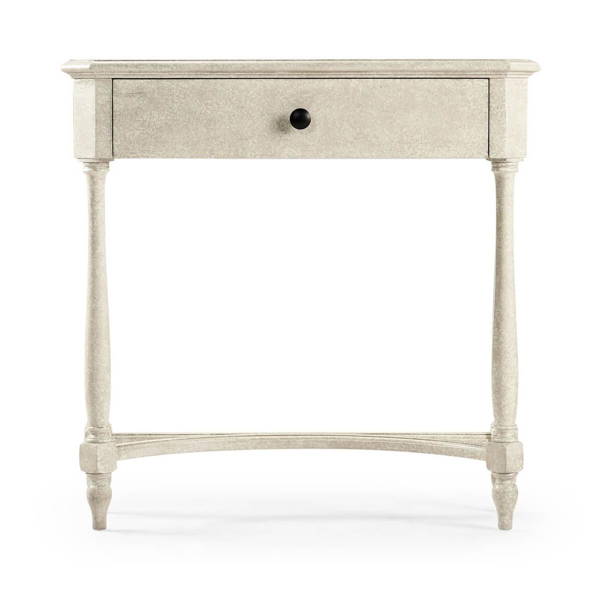 Georgian style rustic whitewash painted console table with canted corners and a molded edge top, a long single frieze drawer and raised on turned legs with a stretcher base.

Dimensions: 31