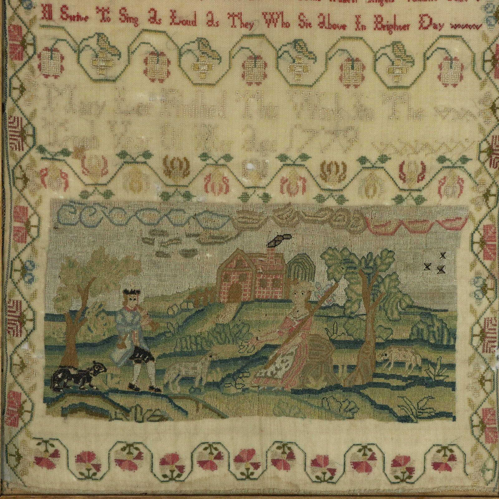 Sampler géorgien, 1779, par Mary Lee, Scène de campagne Bon état - En vente à Chelmsford, Essex