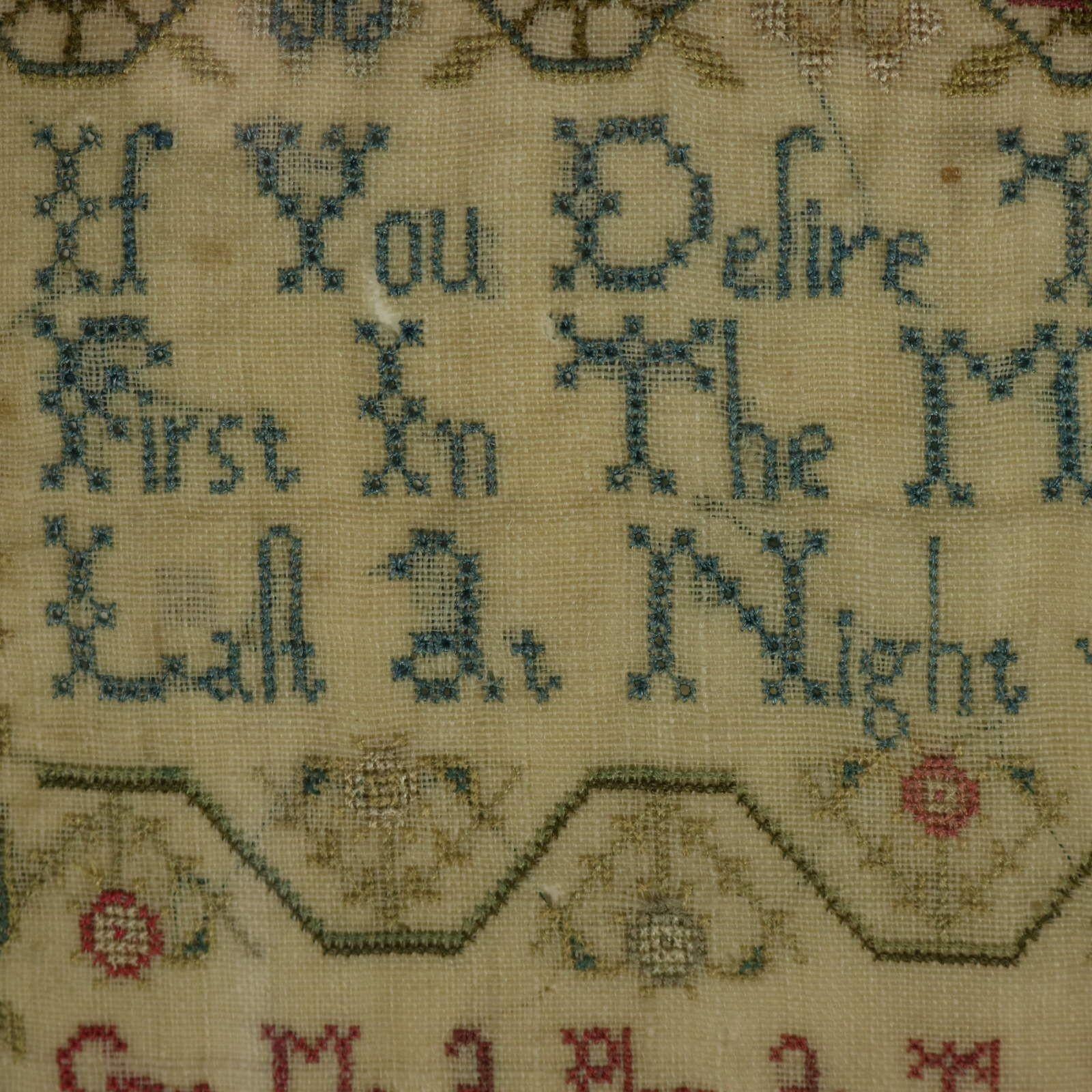 Soie Sampler géorgien, 1779, par Mary Lee, Scène de campagne en vente