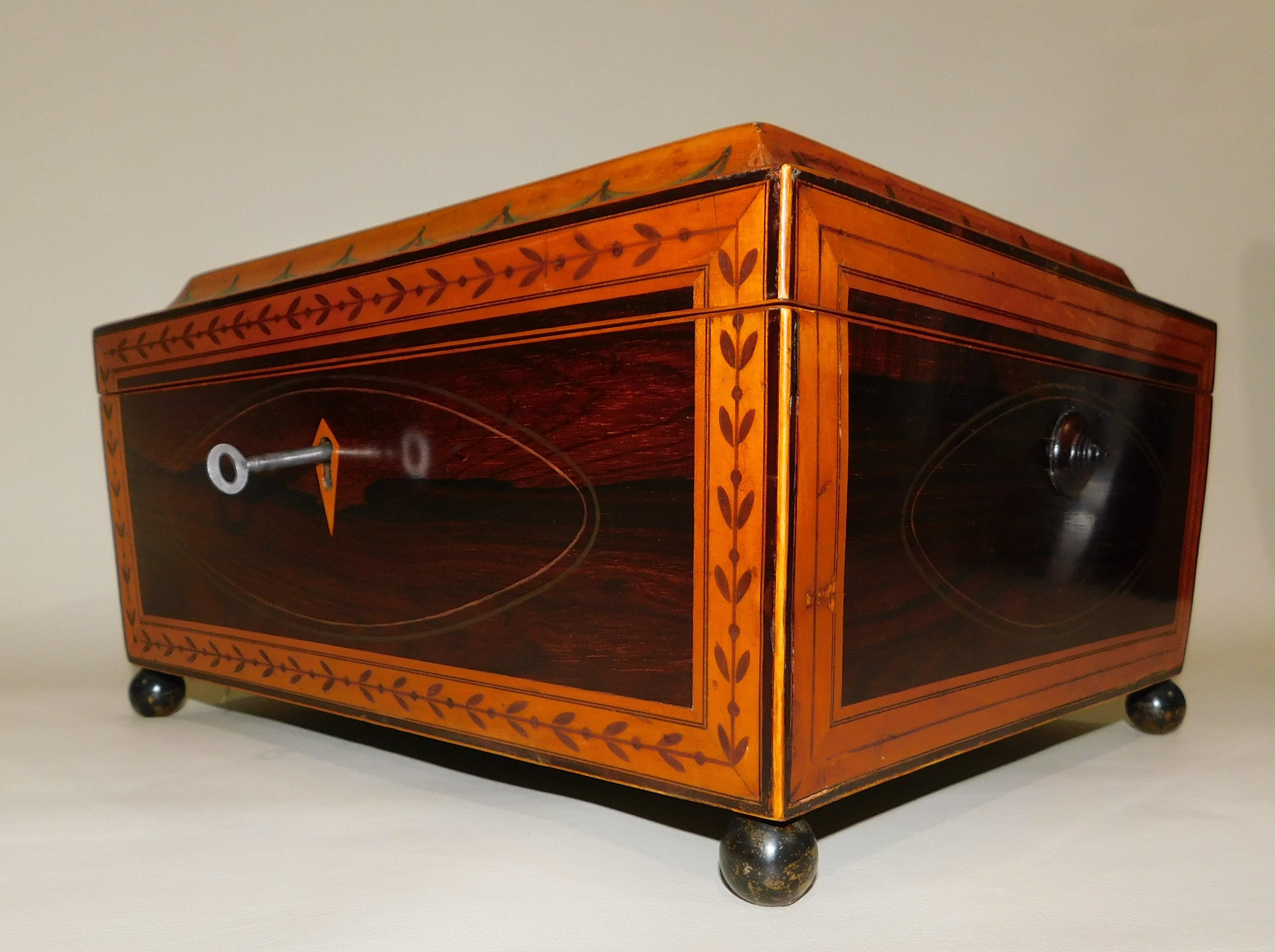 Georgian Satinwood Sewing Box circa 1825 with Lock and Key In Good Condition For Sale In Hamilton, Ontario