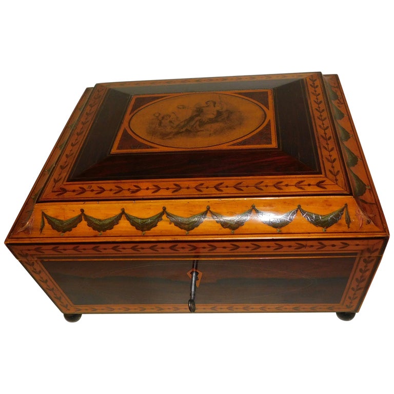 Georgian Satinwood Sewing Box circa 1825 with Lock and Key For