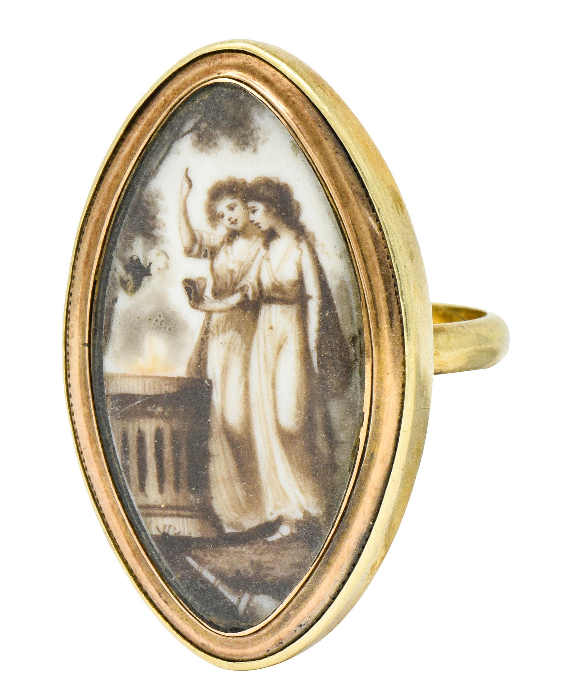 Georgian Sepia Painted 14 Karat Gold Navette Mourning Ring, circa 1800s 2