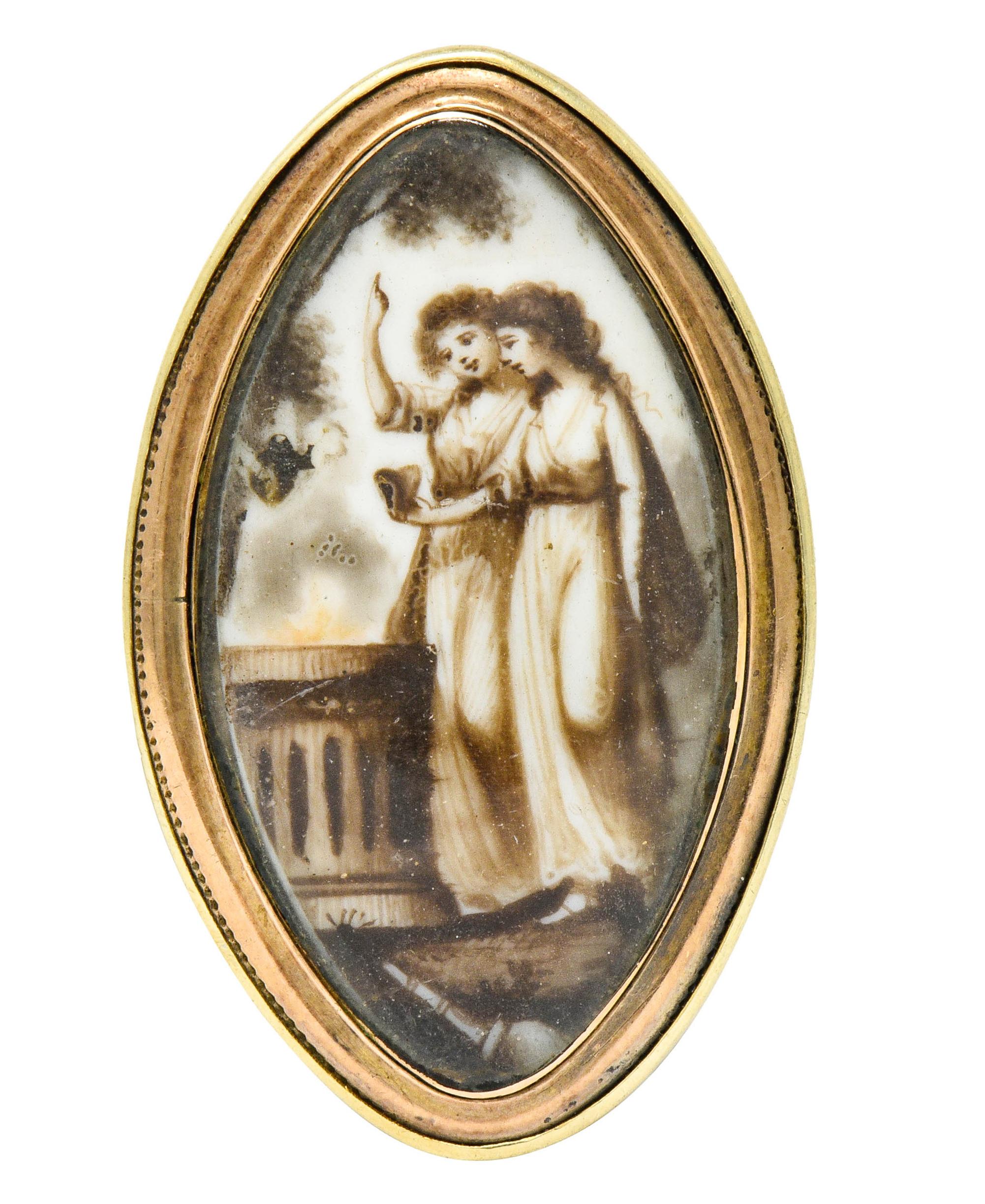 Georgian Sepia Painted 14 Karat Gold Navette Mourning Ring, circa 1800s 3