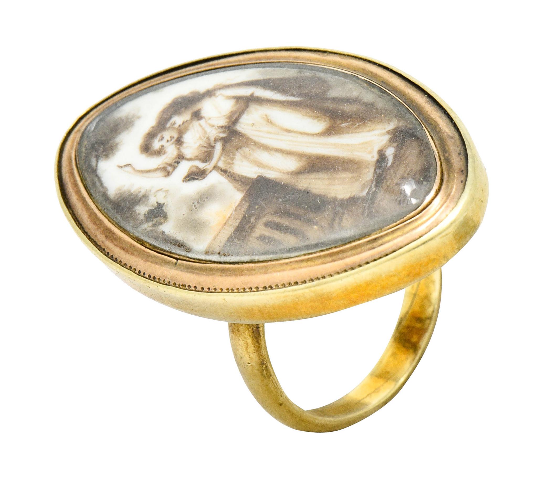 Georgian Sepia Painted 14 Karat Gold Navette Mourning Ring, circa 1800s 5