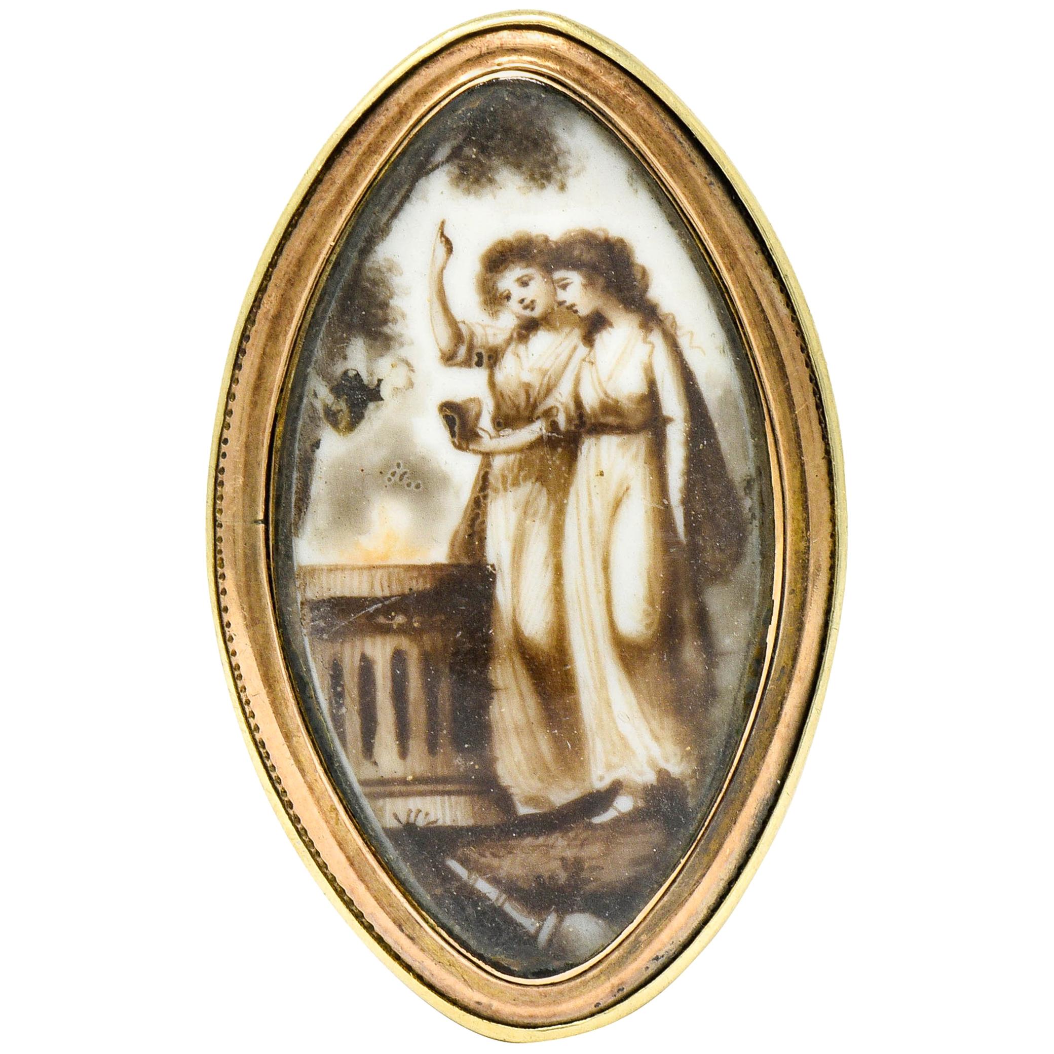 Georgian Sepia Painted 14 Karat Gold Navette Mourning Ring, circa 1800s