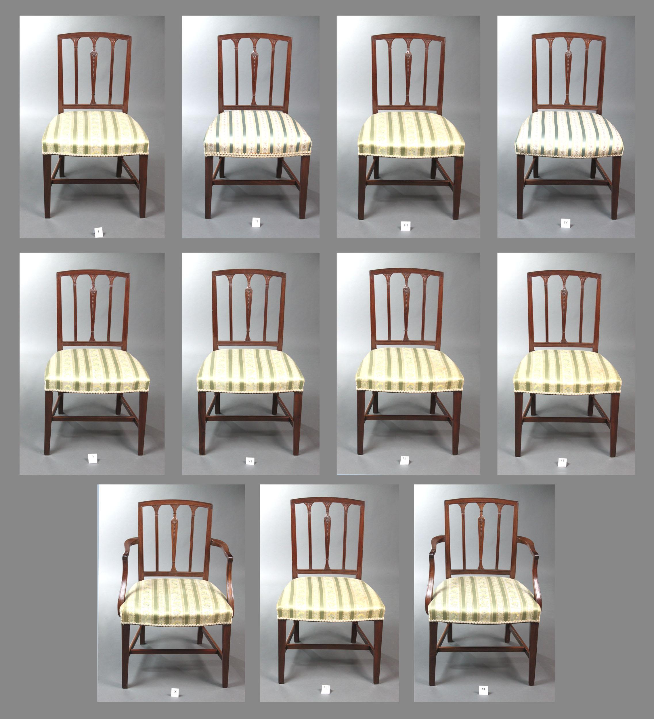 A good set of eleven George III Sheraton period mahogany dining chairs of a good colour and patina: the backs inset with three well carved spindles, square tapered legs joined by H-stretchers.

Covered in two similar fabrics.

Gillow Furniture