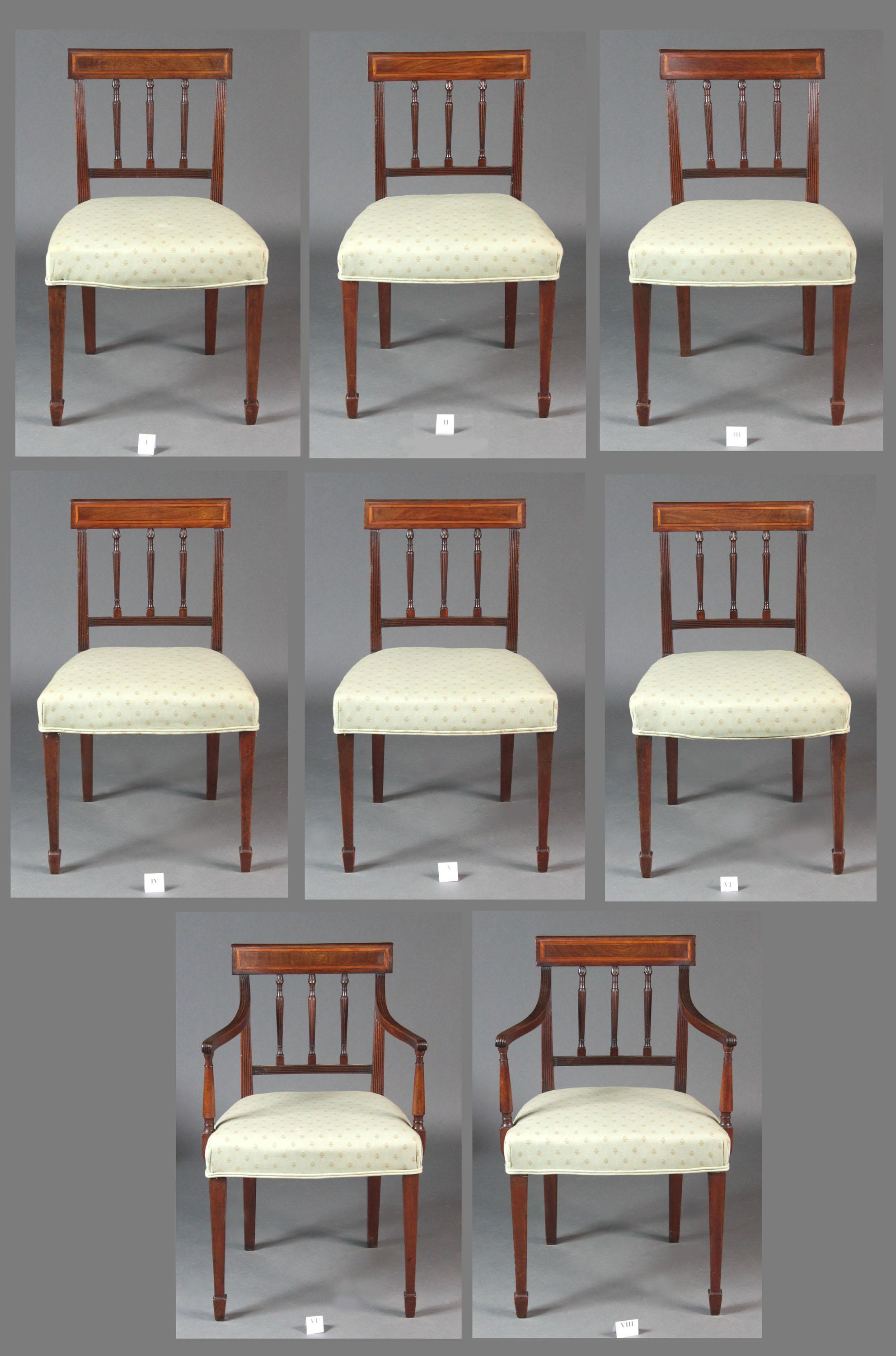 A good set of 8 George III Sheraton period dining chairs in mahogany of a good colour and patina; attractive backs with T-bars inlaid with satinwood and box wood and ebony stringing, fine reeded detail including to the top of the arms and to the