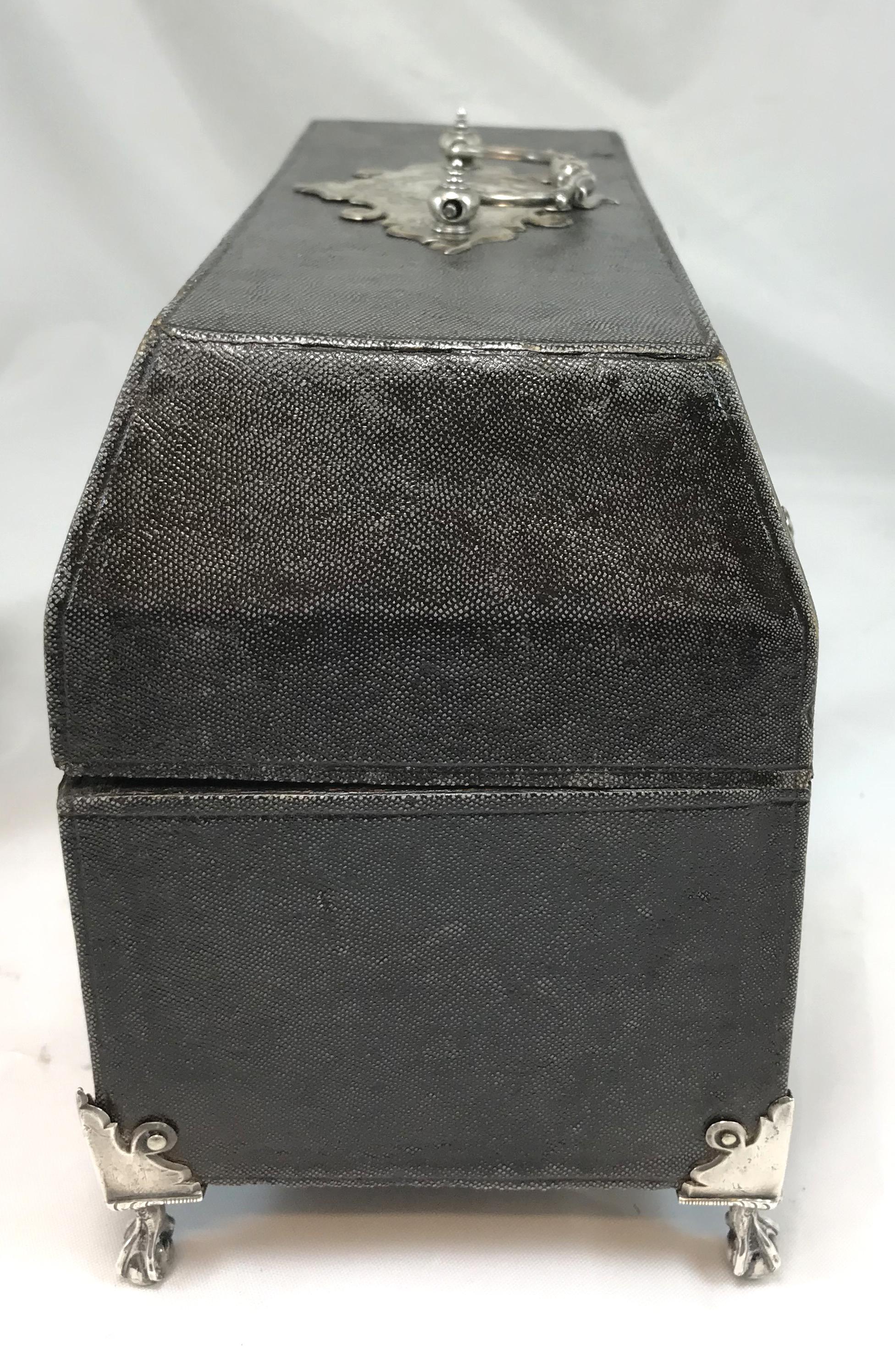 Georgian Shagreen Cased Tea Caddy Box with Pair of Chased Sterling Caddies, 1761 For Sale 8