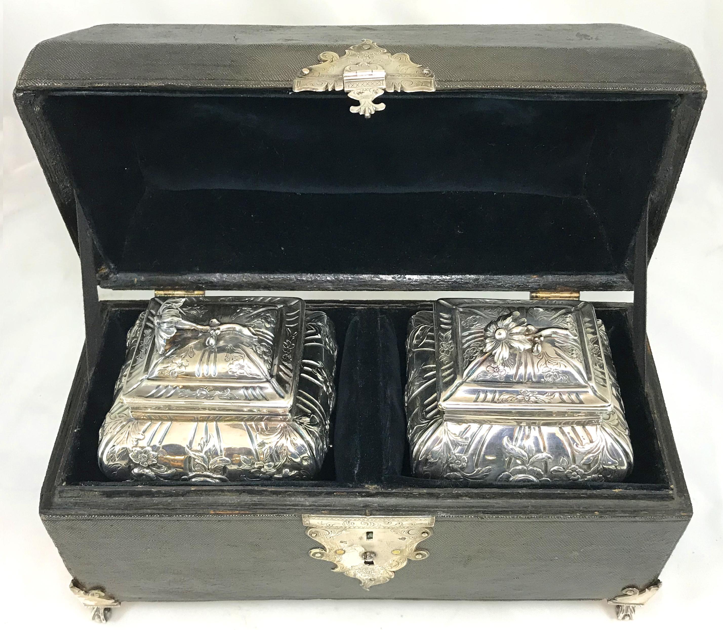 George III Georgian Shagreen Cased Tea Caddy Box with Pair of Chased Sterling Caddies, 1761 For Sale