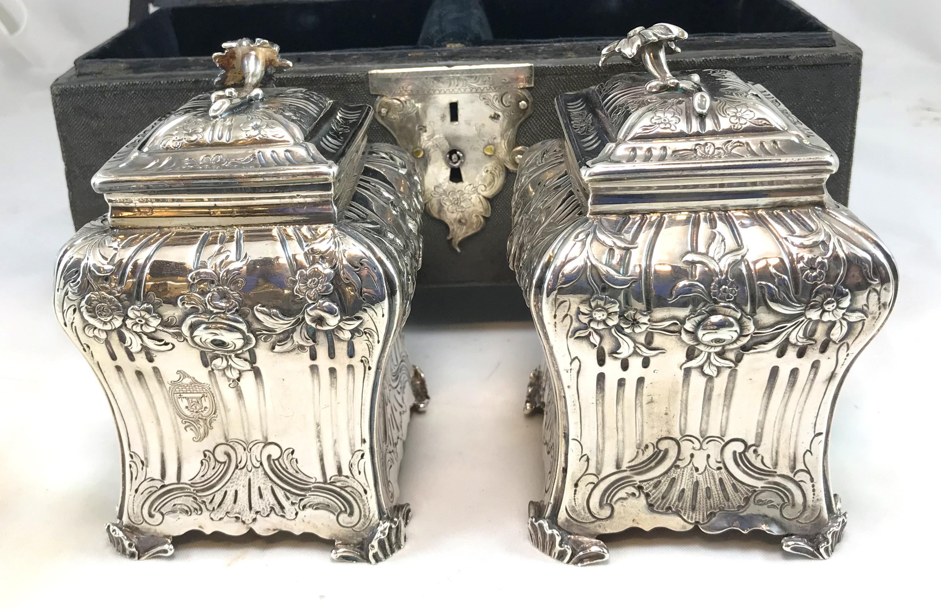 English Georgian Shagreen Cased Tea Caddy Box with Pair of Chased Sterling Caddies, 1761 For Sale