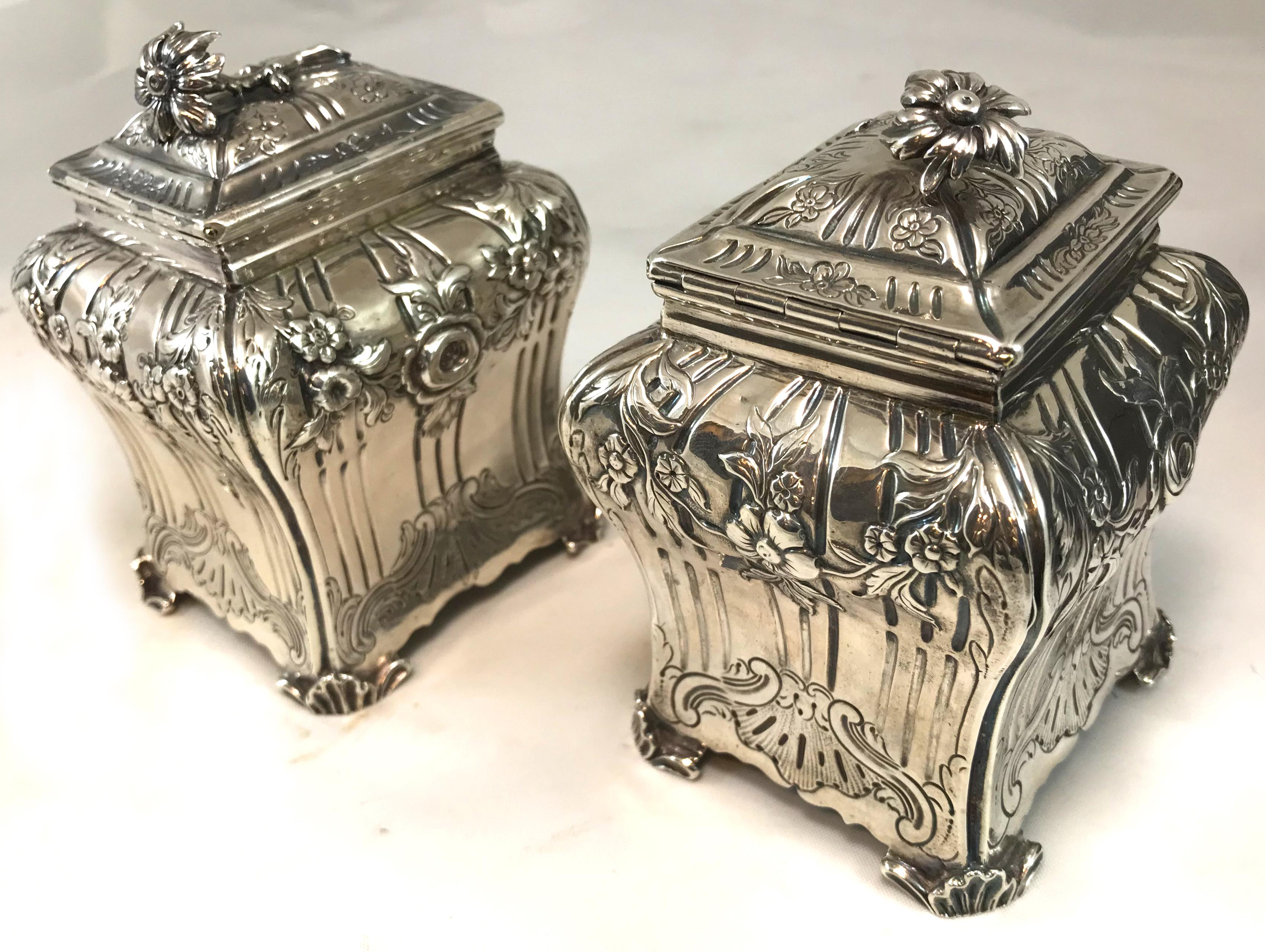 18th Century Georgian Shagreen Cased Tea Caddy Box with Pair of Chased Sterling Caddies, 1761 For Sale