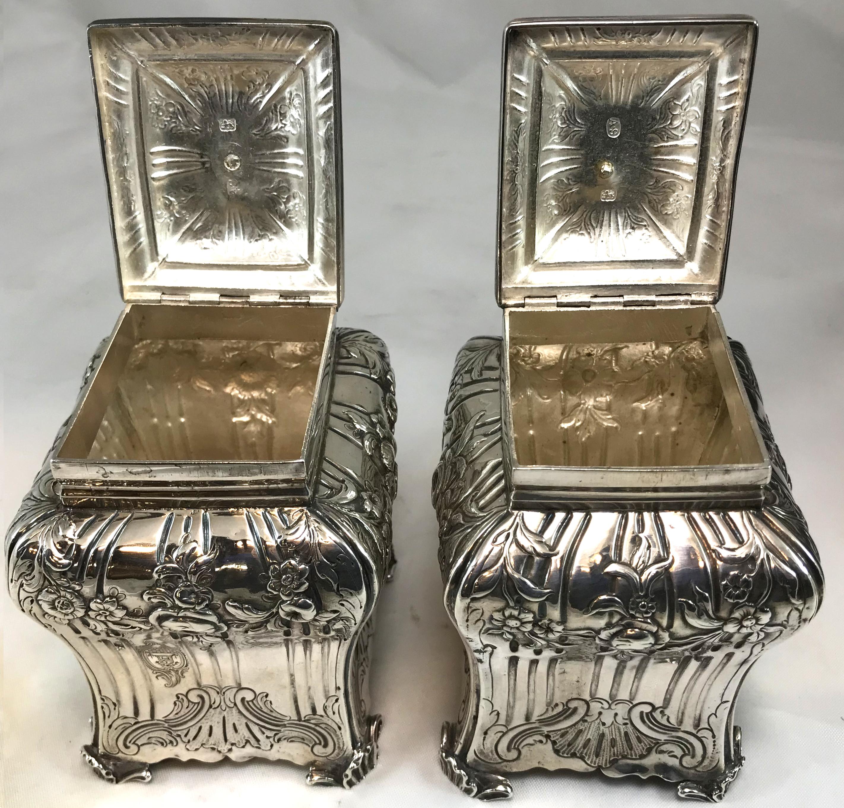 Sterling Silver Georgian Shagreen Cased Tea Caddy Box with Pair of Chased Sterling Caddies, 1761 For Sale