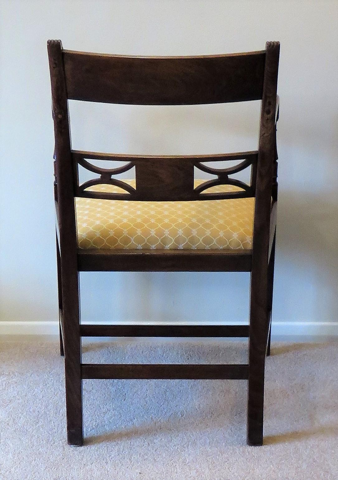 Fabric Georgian Armchair Carved Inlaid Walnut, English Sheraton circa 1790 For Sale