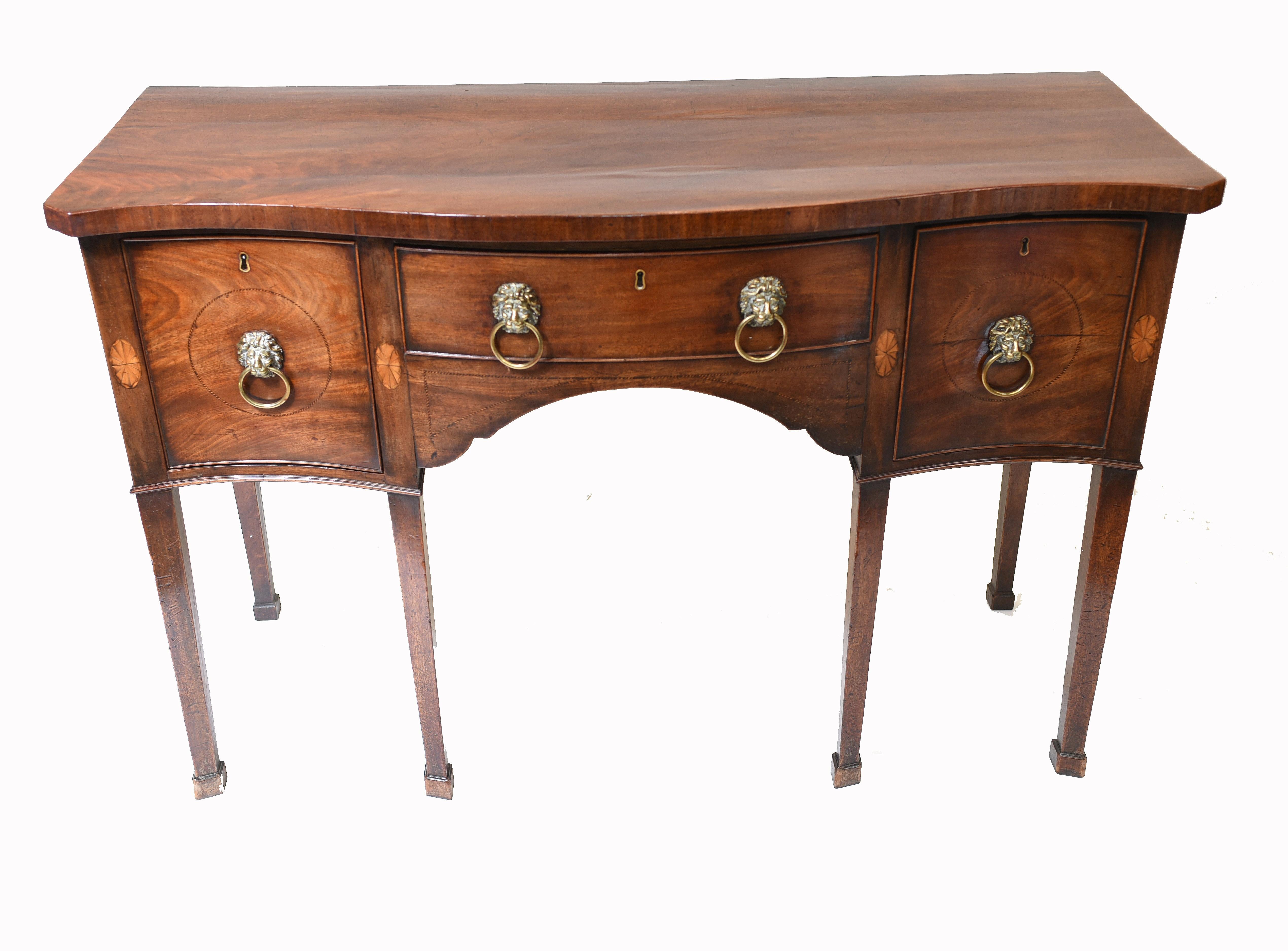 Elegant Georgian sideboard in mahogany
We date this piece to circa 1780
Great condition considering age
Also features original lion mask ring handles, a classic Georgian design motif
Viewings available by appointment
Offered in great shape