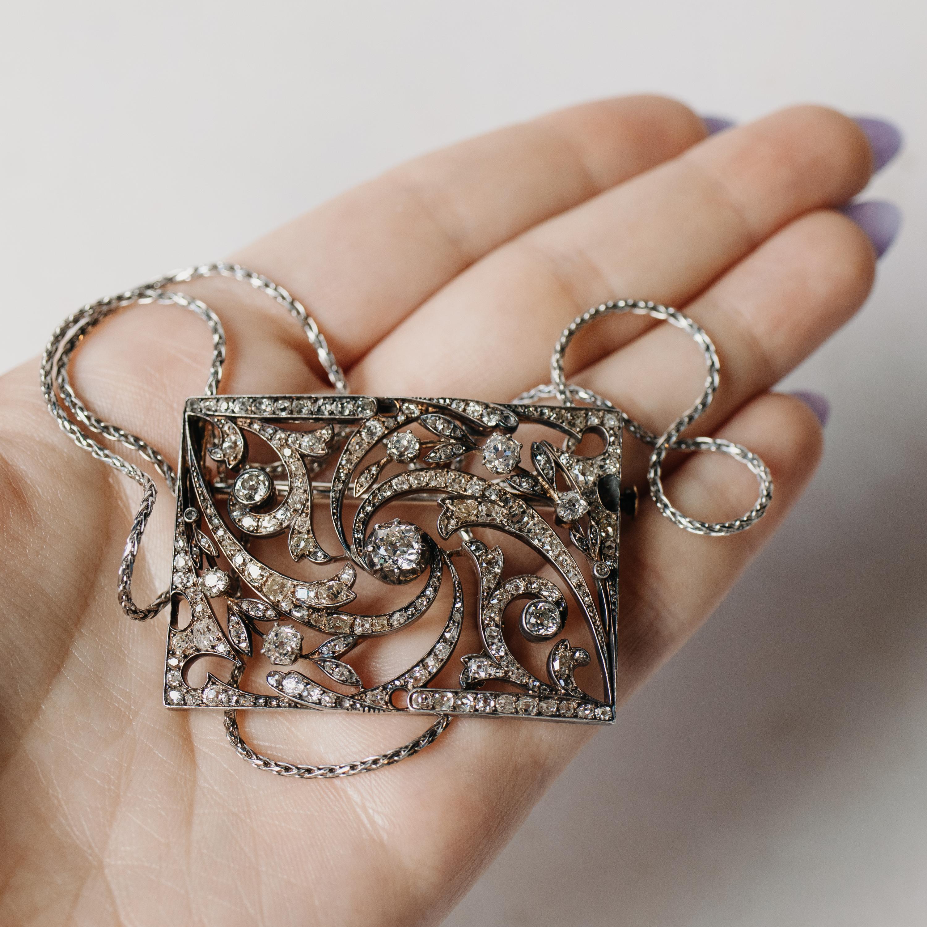 Women's or Men's Georgian Silver & 14K Yellow Gold Diamond Brooch Necklace For Sale
