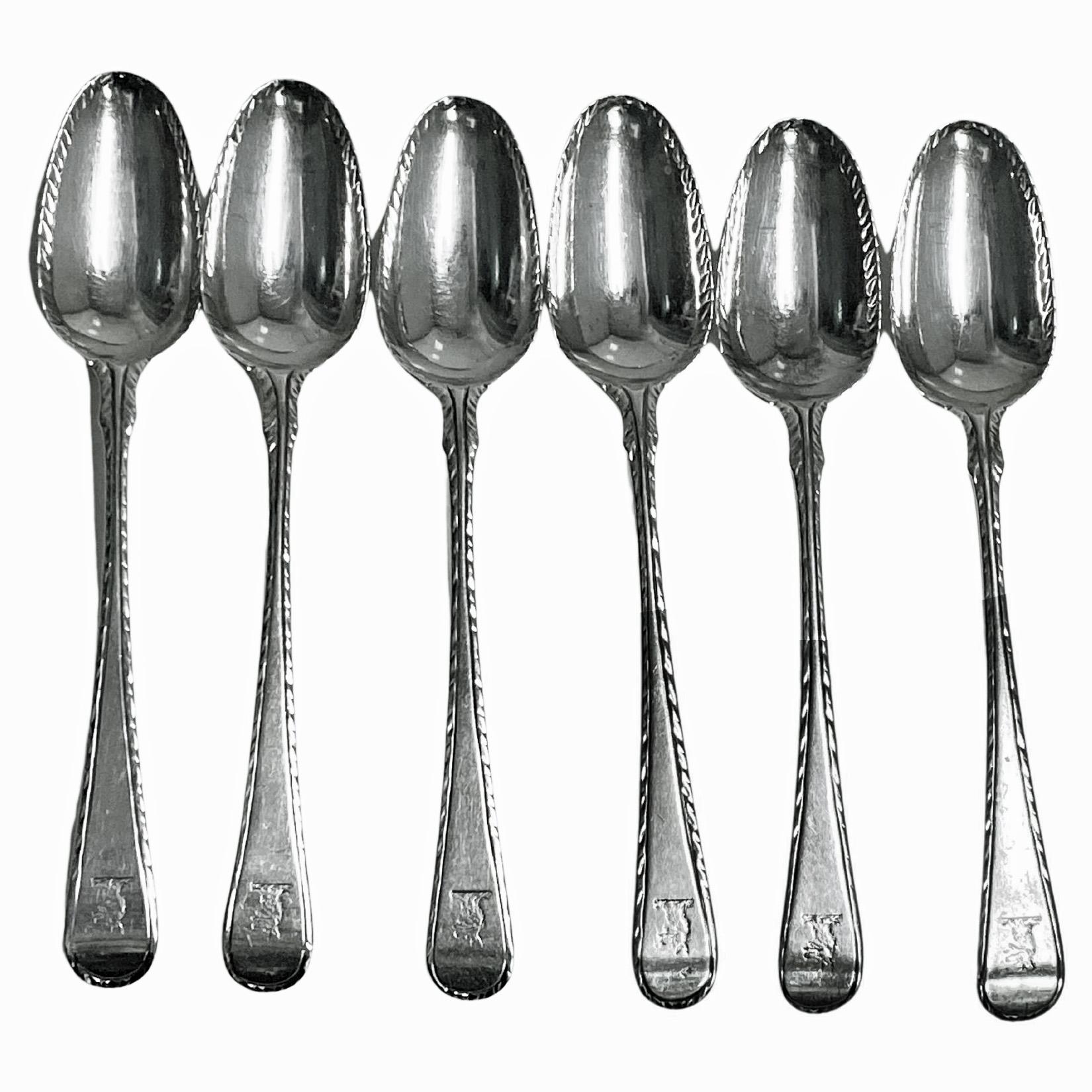 Sterling Silver Georgian Silver Feather Edge Set of 6 Teaspoons London, circa 1770, Philip Roker For Sale