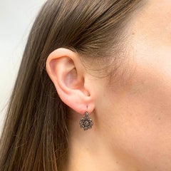 Georgian Silver Floral Diamond Cluster Earrings 14k Gold Ear Wires, 1830s