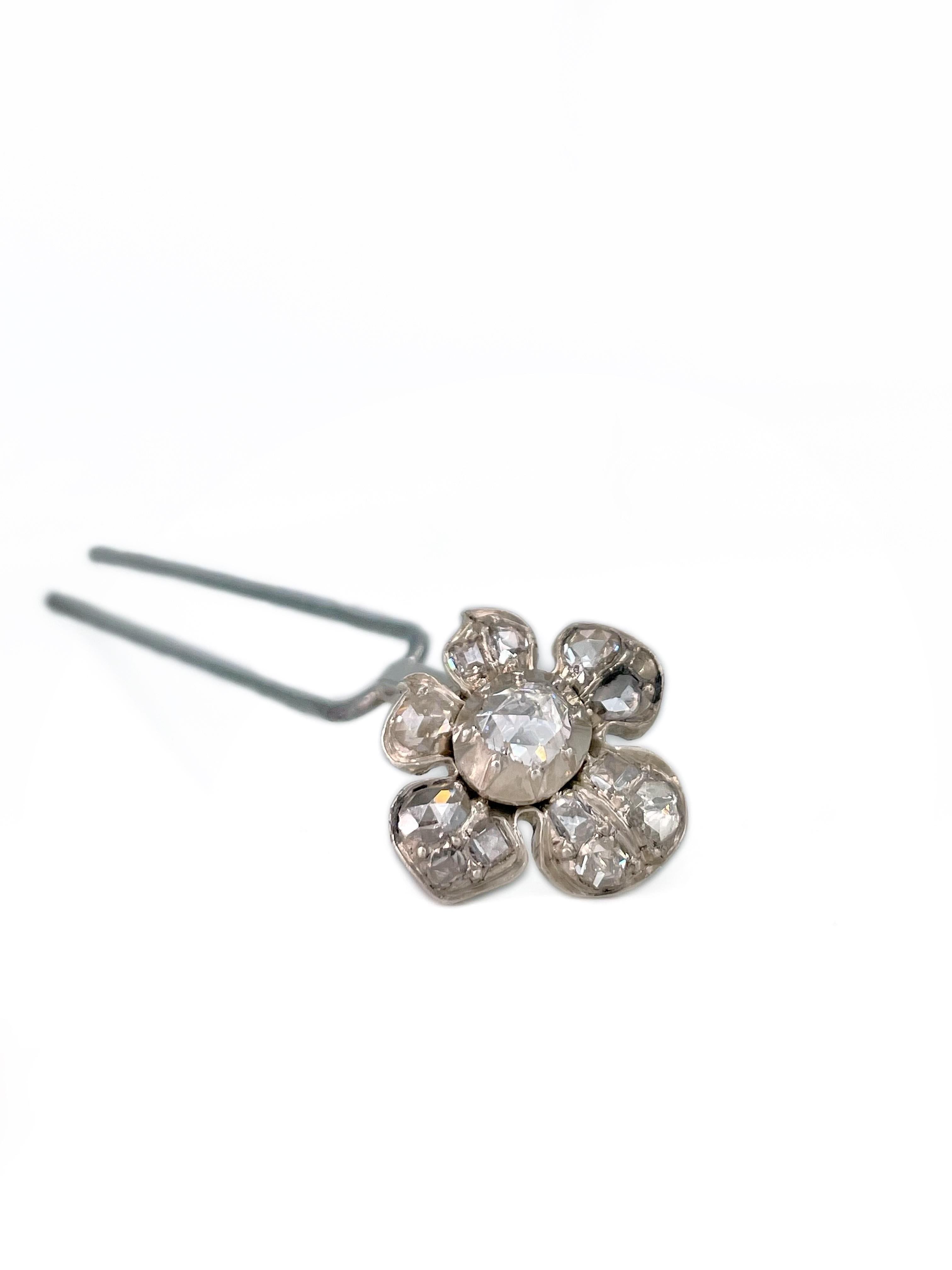 Georgian Silver Gold Rose Cut Table Cut Diamond Floral Hair Pin In Good Condition In Vilnius, LT