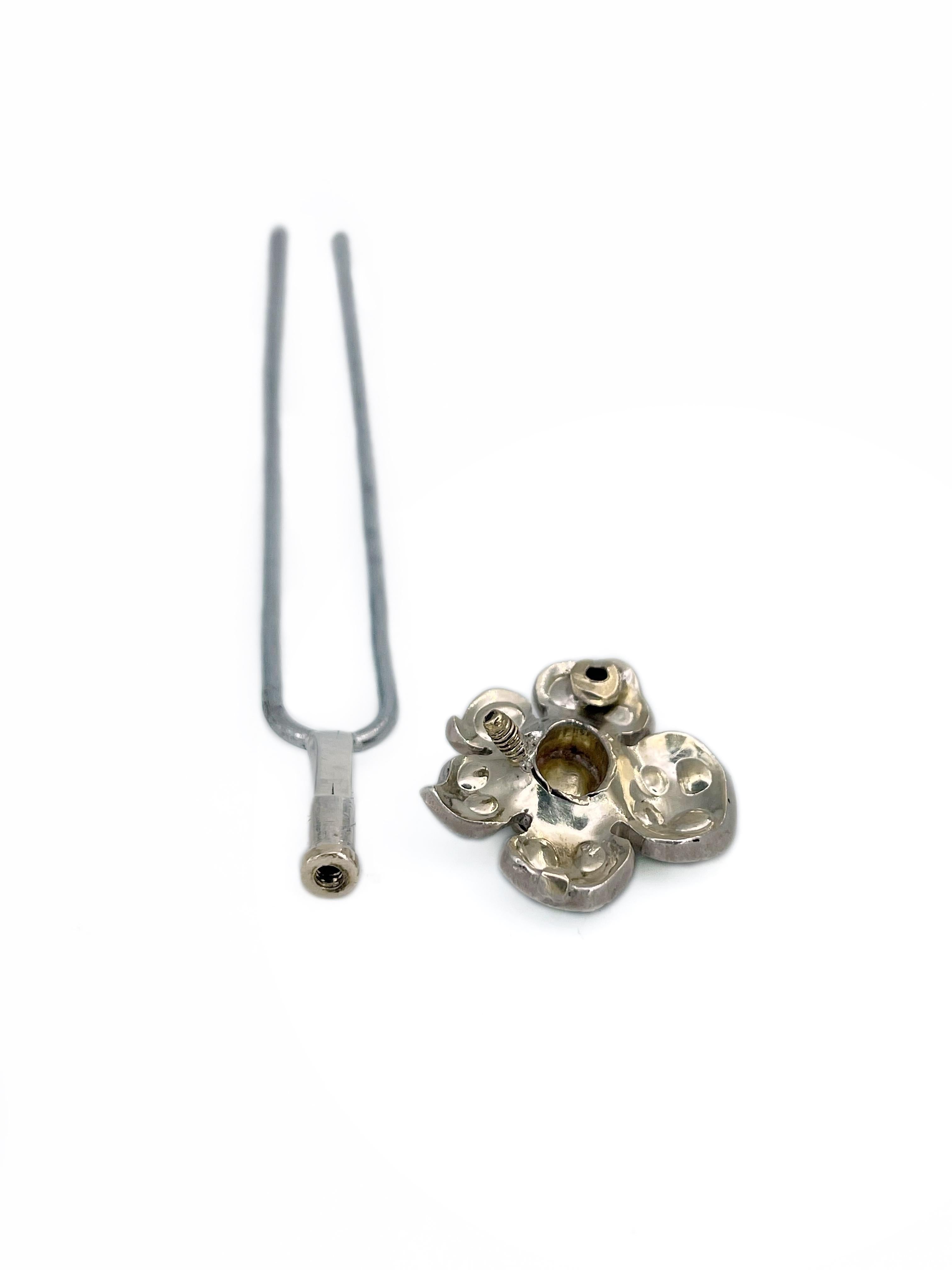 Georgische Silber Gold Rosenschliff Tafelschliff Diamant Floral Haarnadel im Zustand „Gut“ in Vilnius, Vilniaus apskr.