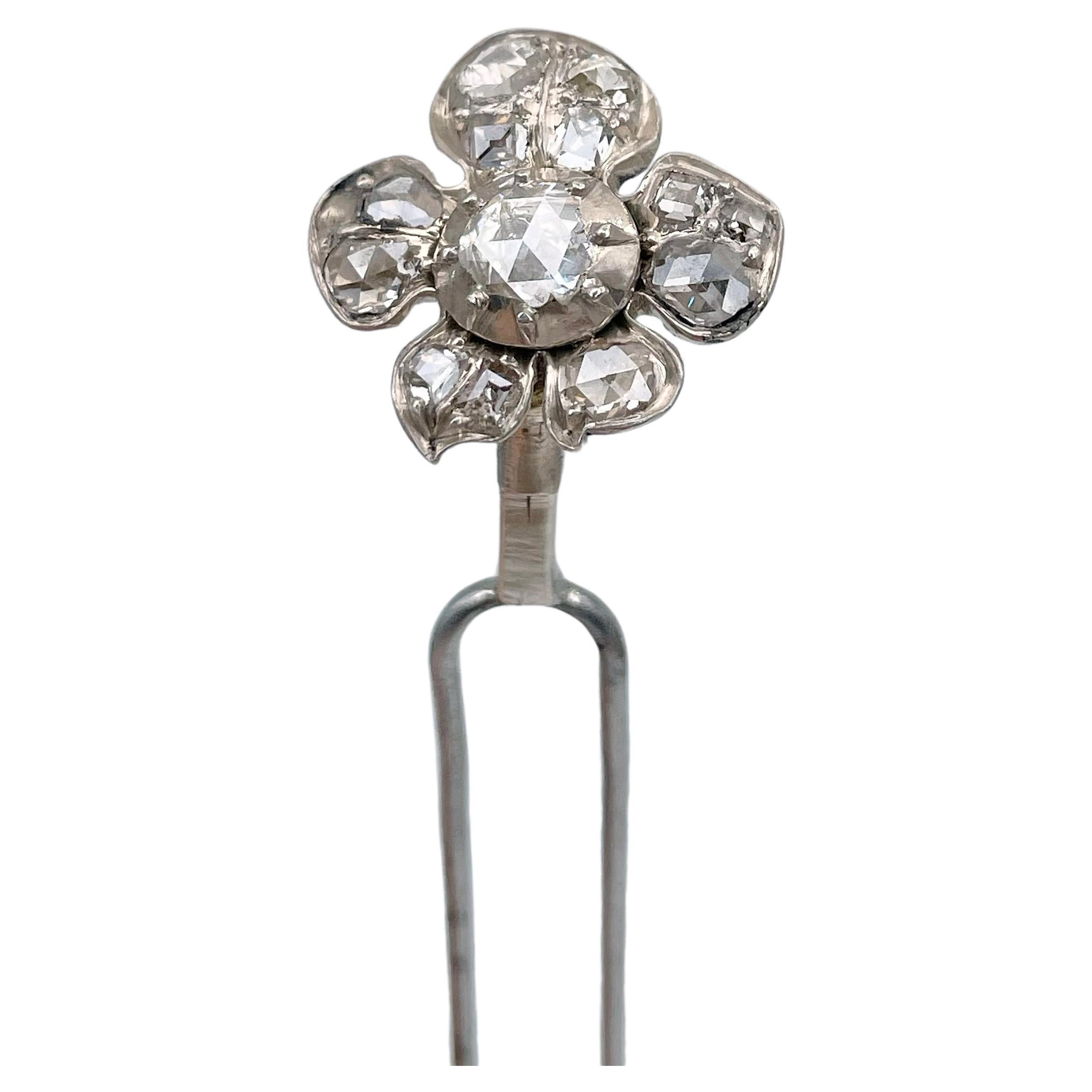 Georgian Silver Gold Rose Cut Table Cut Diamond Floral Hair Pin