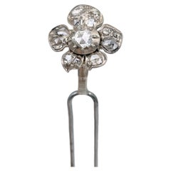 Antique Georgian Silver Gold Rose Cut Table Cut Diamond Floral Hair Pin