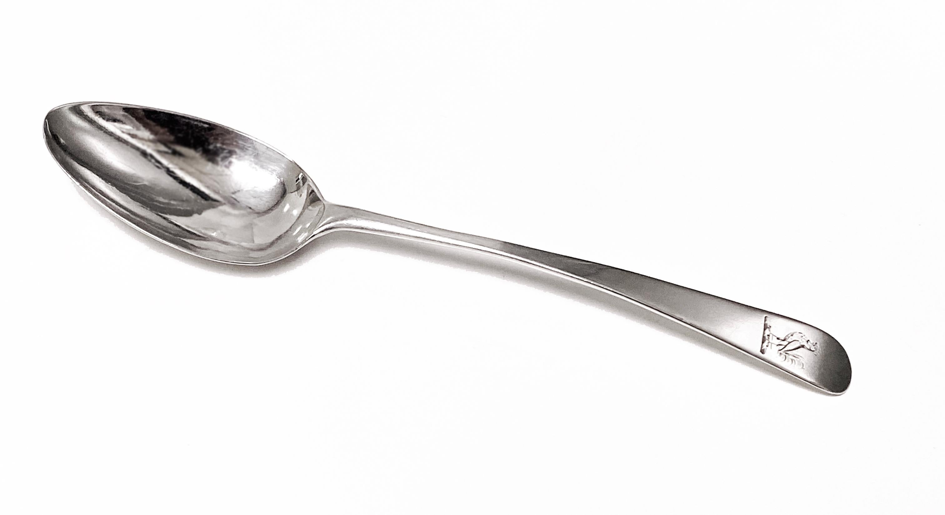 Georgian Silver Hester Bateman Spoon London 1784. Interesting as it was the first London duty mark. Old English pattern, engraved crest of a rooster. Length: 6.75 inches. Weight: 29 grams. Good condition lovely patina. Reflections from photography