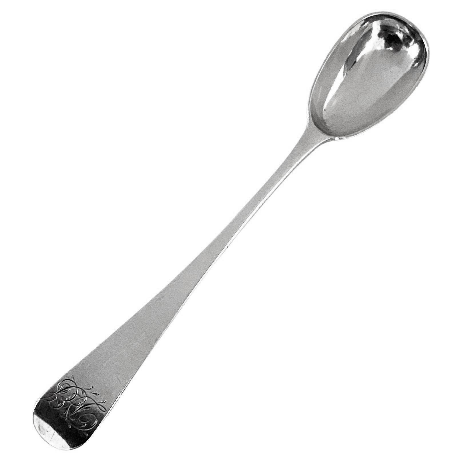 Cucchiaio da condimento grande in argento georgiano Londra 1818 William Bateman I. Modello inglese antico, monogramma originale forse DE. Lunghezza: 5 pollici. Peso: 16 grammi. Condizioni: Buono. Riflessioni esclusivamente fotografiche