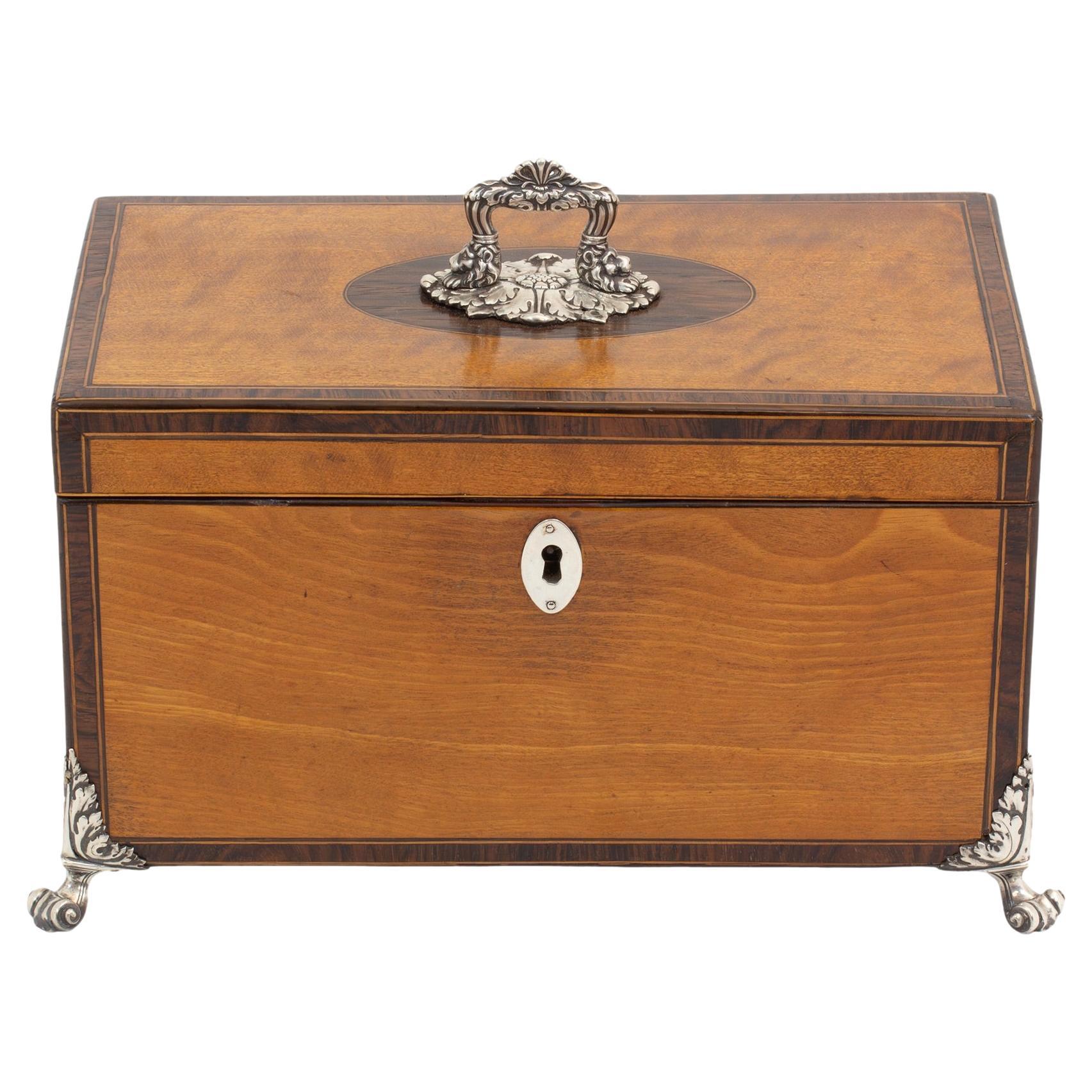Georgian Silver Mounted Satinwood Tea Chest For Sale