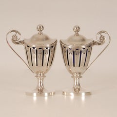 Georgian Silver Mustard Pots Blue Glass Liners 1st Empire Tableware a pair