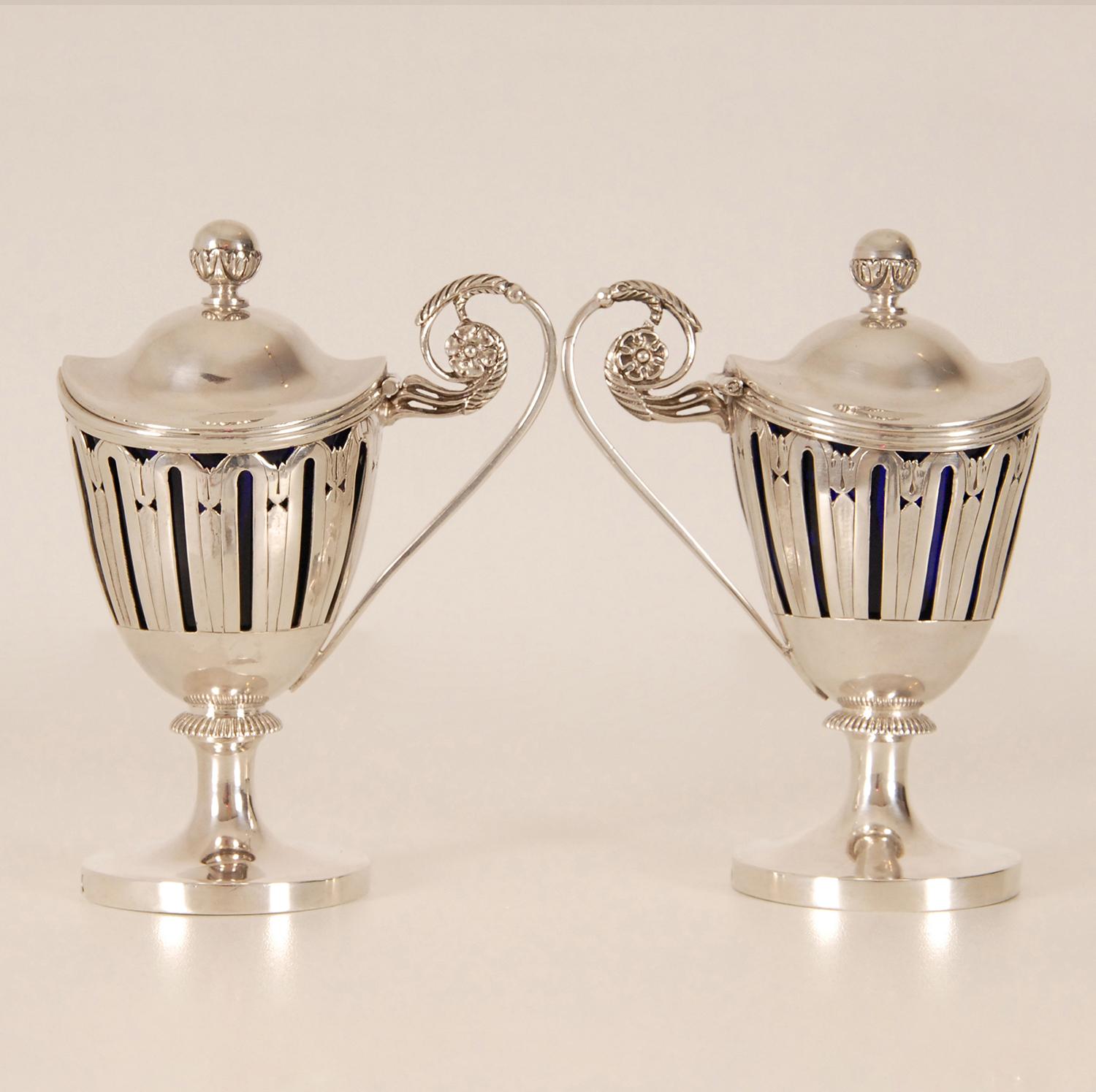 Belgian Georgian Silver Mustard Pots Blue Glass Liners 1st Empire Tableware a pair For Sale