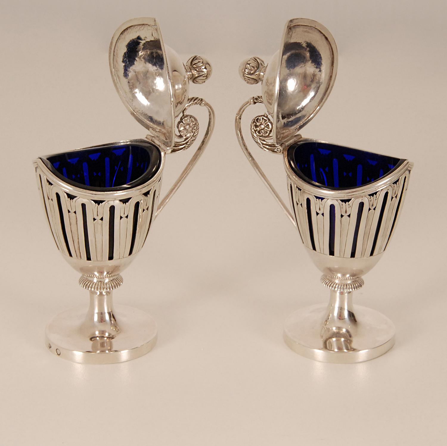 19th Century Georgian Silver Mustard Pots Blue Glass Liners 1st Empire Tableware a pair For Sale