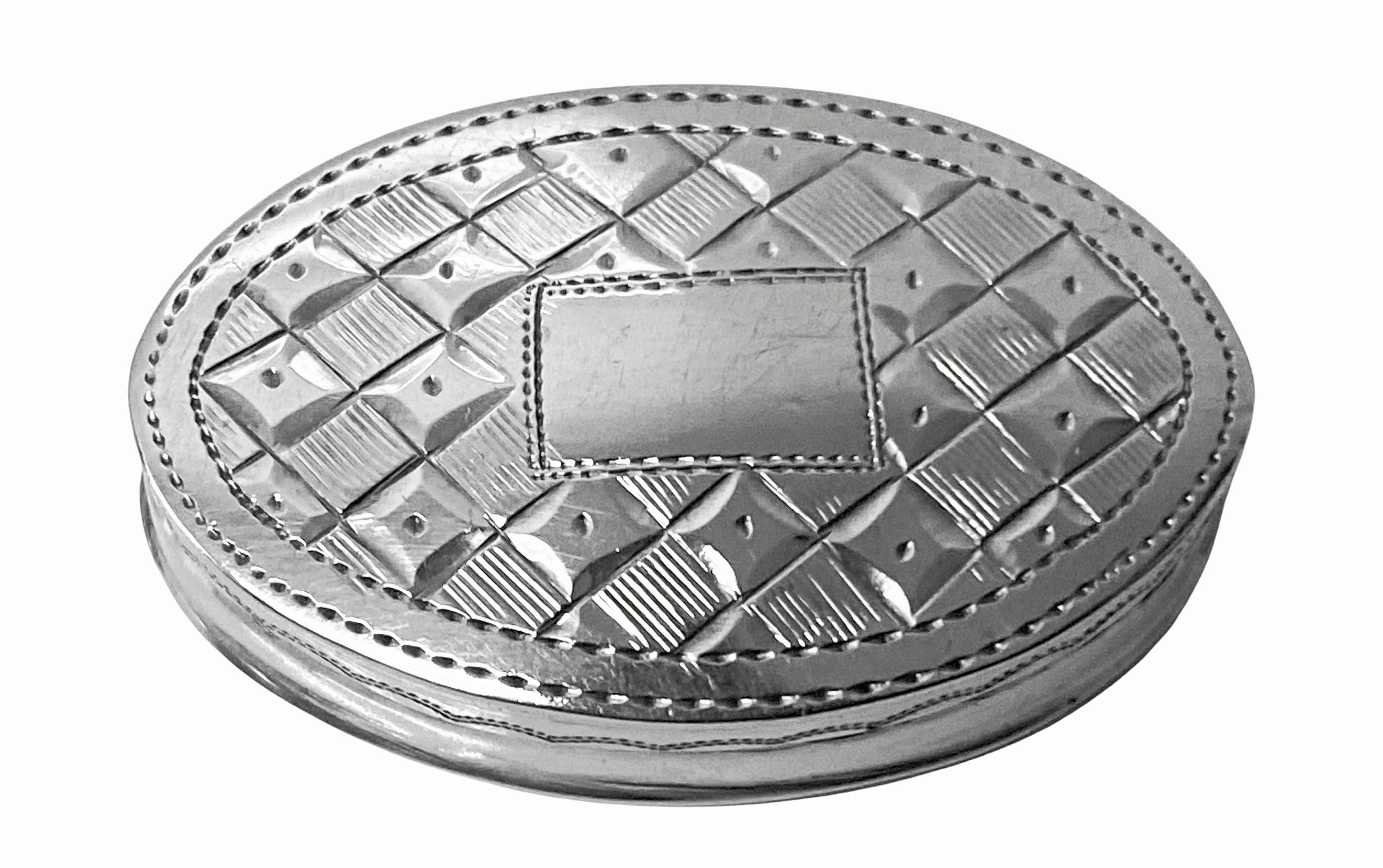 Georgian Silver oval patch or pill Box Birmingham 1801 Joseph Taylor. Wonderful little box originally for patches but ideal today as a pill box with nice tight fitting cover. Pin pricked engraved diaper design on cover and pin pricked wriggle work