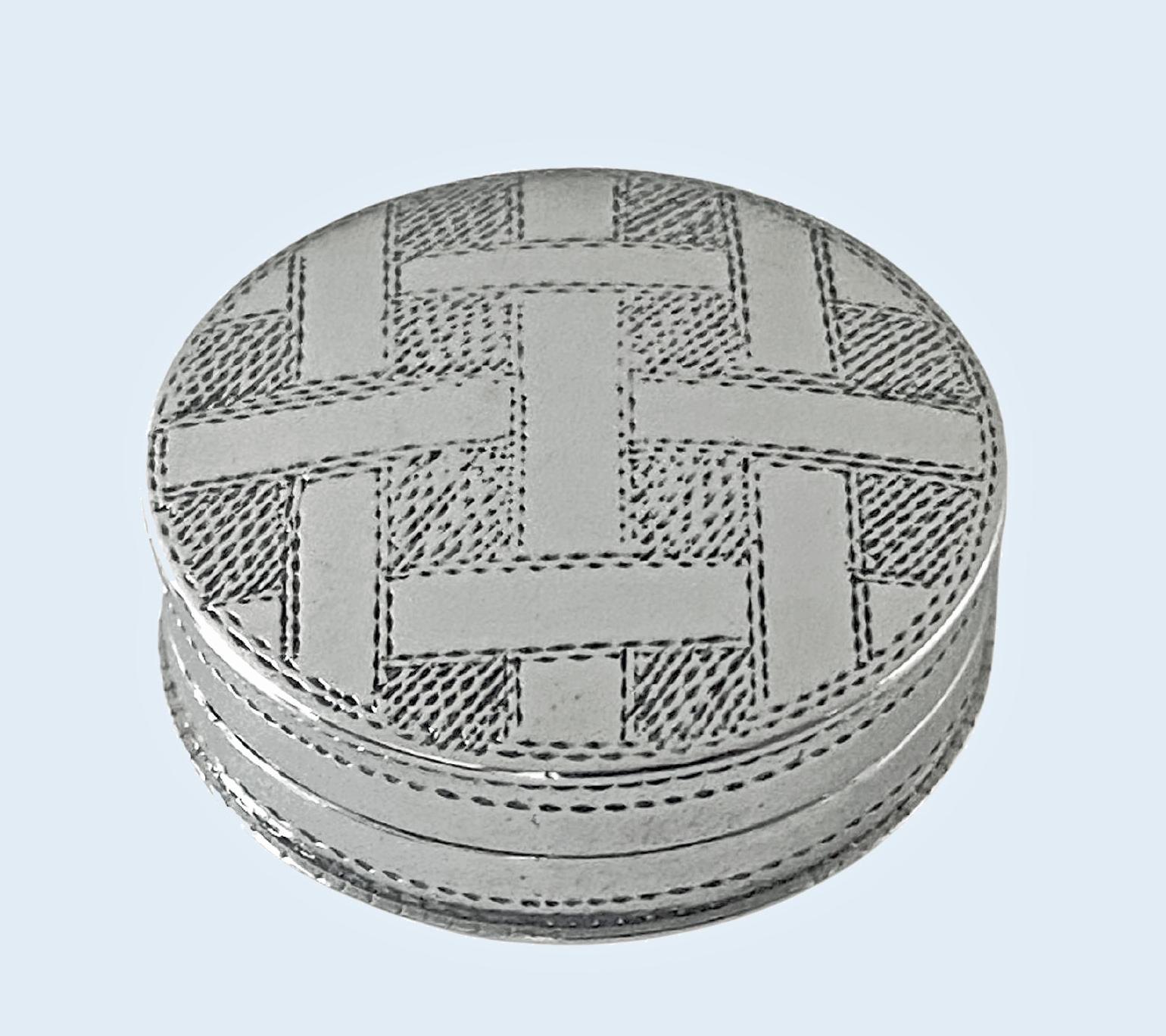Georgian Silver patch or pill Box Birmingham 1803 Samuel Pemberton. Fine quality little box originally for patches but ideal today as a pill box. Of circular form with geometric and plain interval pin pricked patch design cover and base. The