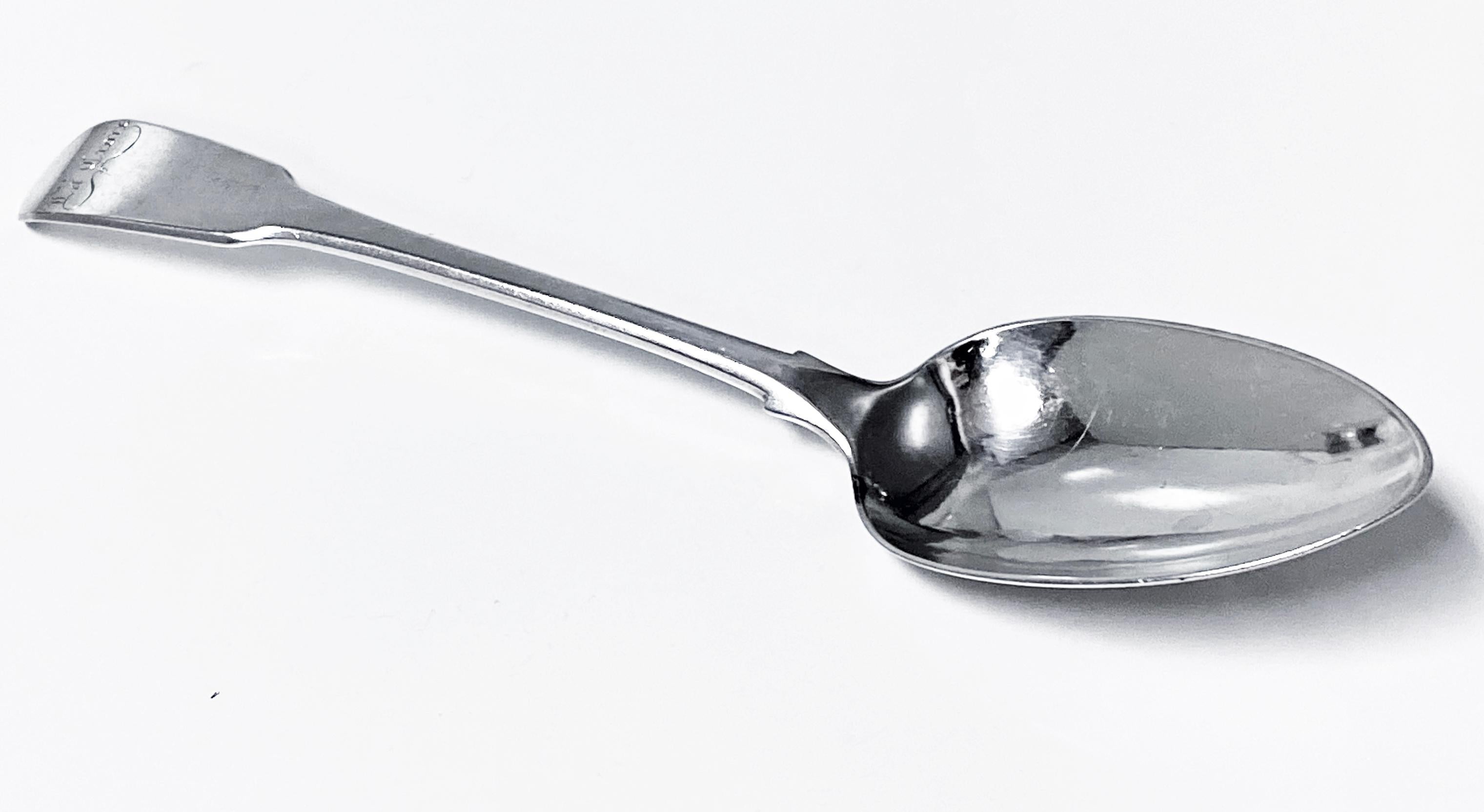 Georgian Silver Peter and William Bateman Spoon London 1809. Fiddle pattern, engraved La Croix. Length: 8.75 inches. Weight: 75.24 grams. Very good condition and lovely patina. Reflections from photography only